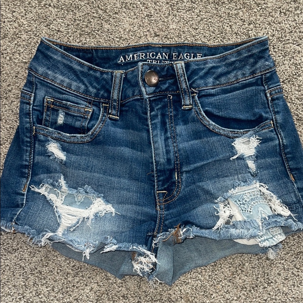American Eagle Outfitters Blue Jean Shorts with Distressed Detailing